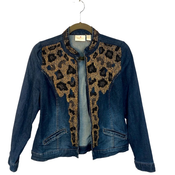 Chico's Jackets & Blazers - Chico’s Women’s Jacket Distressed Denim Cropped Beaded Stand Up Collar